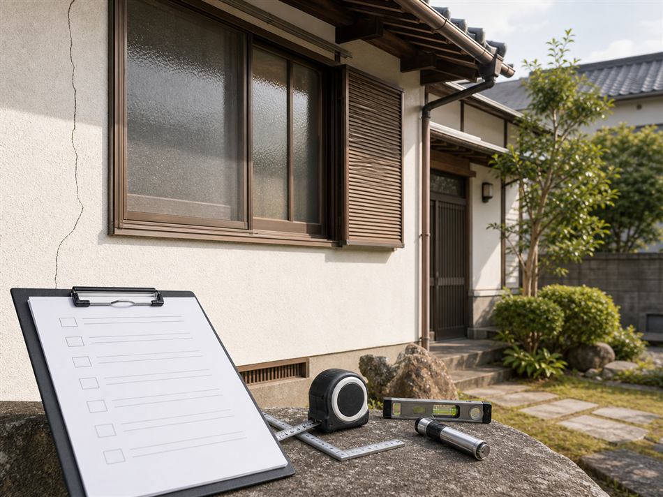 建物状態の確認をイメージした住宅と点検道具