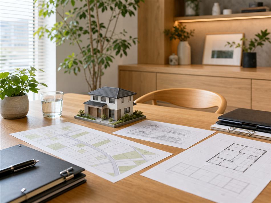 住まいの相談をイメージした図面と家の模型